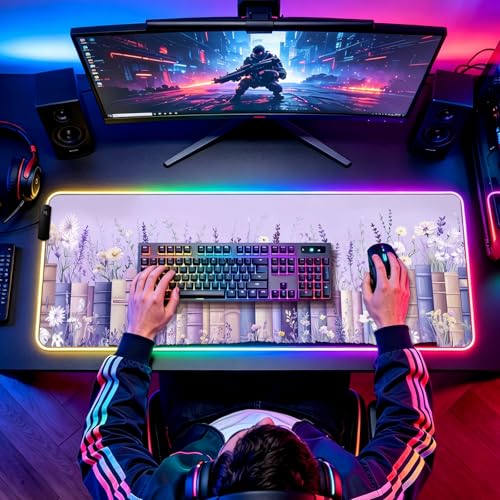 RGB Books Among Wildflowers Gaming Desk Mat & XL Mouse Pad, Purple - color: RGB-H05