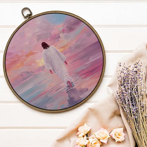 GTYNU Jesus Walking on Water Pink Round Wall Art Decor, Christian Canvas Prints Framed, Jesus Religious Savior Circle Wall Hanging Decorations for Home Bedroom Living Room, 10x10 Inch - color: Decor 02