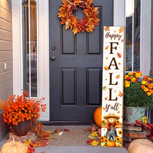 Fall Welcome Sign for Front Door, 47'' Brown Wooden Porch Sign Large Warm Greeting Door Sign Farmhouse Vertical Porch Sign Rustic Standing Welcome Yard Signs for Patio Outdoor Indoor Garden - color: Fall Scarecrow Autumn Harvest