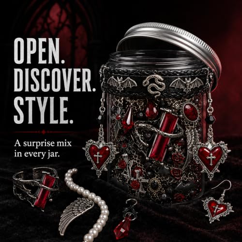 Mystery Gothic Jewelry Jar for Women, Vintage Punk Jewelry Set with Necklaces, Earrings, Rings, Bracelets, Keychains, Stickers and Piercing Accessories, Halloween Birthday Christmas Gift