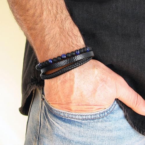 Beaded Leather Bracelets - Gifts for Men, 6mm Tiger Eye Lava Rock Stone Beads Braided Leather Bracelet Handmade Mens Bracelet With Adjustable Magnetic Clasp - color: Black-5