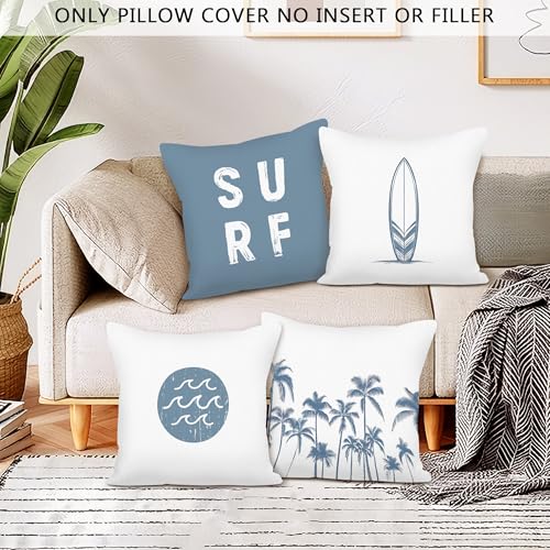 Coastal Beach Surf Throw Pillow Covers 18x18 Set of 4, Beachy Tropical Palm Tree Decorative Pillow Cover Cases, Summer Surfboard Cushion Cover Pillowcases for Couch Bedroom Living Room - color: Surf
