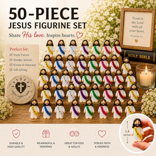 Little Jesus Figures – 50PCS Mini Jesus Loves You Figurines for Christian Gifts, Church Party Favors, Baptism & Religious Encouragement Gifts, Easter Basket Stuffers