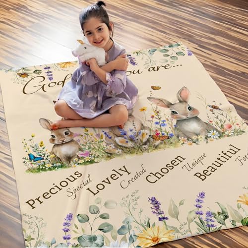 Girls Women Bunny Blanket, Christian Throw Blankets with Floral for Mom Daughter, 60x80 Inches Cozy Warm Rabbit Throw for Sofa Couch Bedding Home Decor - color: Ivory, size: 80"x60"