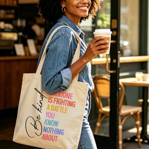Motivation Canvas Tote Bag for Women Shopping Work Travel with Inner Pocket - color: Beige 04