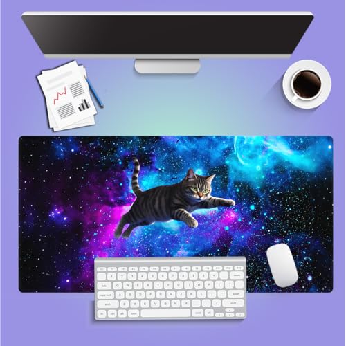 Funny Space Tabby Cat Large Mouse Pad, Purple Blue Galaxy Nebula Desk Mat - color: Galaxy Kitty