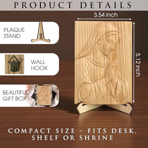 KATINAT Virgin Mary Wooden Plaque with Stand & Gift Box – Solid Wood Relief, Wall or Desk Catholic Home Altar & Prayer Corner Décor, Christian Christmas/Baptism/First Communion/Confirmation Gift - color: KAT-K- MARY HAND-CARVET