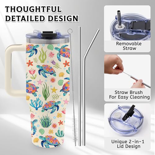 40oz Sea Turtle Tumbler Gifts for Turtle Lover, Cute Ocean Animal Water Bottle - color: SeaTurtle-White