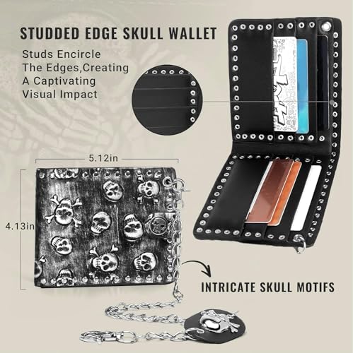 ZEKEE Skull Gothic Chain Wallet Leather - Punk Bifold Halloween Goth Accessories Studded Edge Design | Unisex, Black - style: Rebel Edge Skull