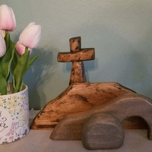 YOUDRN Easter Wooden Decoration,The Empty Tomb Cross Decoration,Religious Jesus Nativity Scene Decor,Christian Home Figurine Easter Decor for The Home,Tabletop,Office (A) - color: A