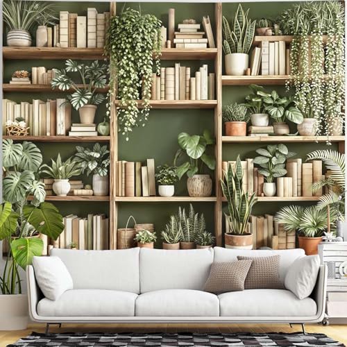 Accnicc Green Plant Bookshelf Tapestry Botanical Bookshelf Tapestries Wall Hanging Modern Potted Plants Bookshelf Backdrop Extra Large Tapestry for Bedroom Living Room Dorm 90 x 68 inch - color: Beige Green, size: 90"L x 68"W