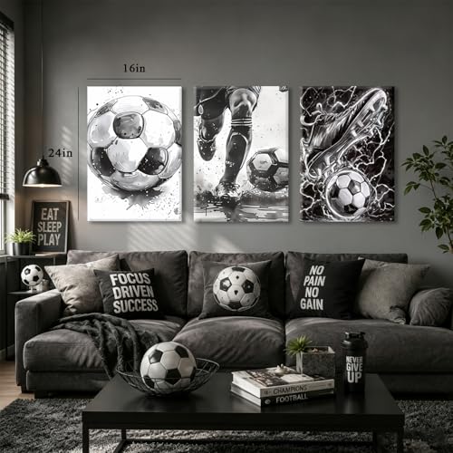 CXQILVER Soccer Canvas Wall Art Set of 3, Black and White Football Sports Wall Decor Modern Sports Theme Poster Prints for Stadium Boys Room Locker Room Living Room Bedroom Home Decor 16x24in Framed - color: Black and white football, size: 24"L x 16"W