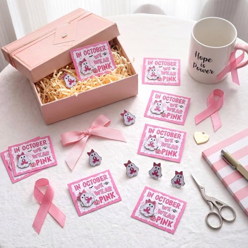 Quelay 30 Sets Breast Cancer Awareness Lapel Pins with Card Bulk Halloween Ghost Pink Ribbon Gifts Accessories for Women Survivor Public School Charity Events Gift Supplies - style: Breast Cancer Awareness