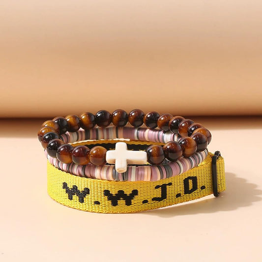 WWJD What Would Jesus Do Christian Stackable Bracelet Set for Women Men, Inspirational Faith Cross Beaded Elastic Wristbands, Religious Bible Verse Jewelry Gift for Church - color: Amber 3pcs