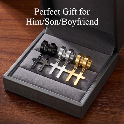 Cross Earrings Dangle Hinged Stainless Steel Hoop and Stud Fashion Ear Jewelry for Men Women - size: 3 Pair Wide