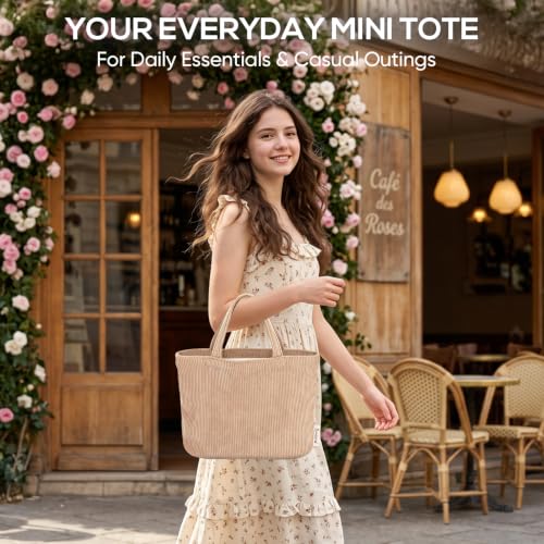 Sminra Small Bible Tote Bag for Women, Corduroy or Quilted Mini Tote Bag - color: Camel