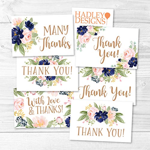 24 Bulk Thank You Cards with Envelopes Blank Cute Thank You Notes - color: Floral Navy 24 pcs