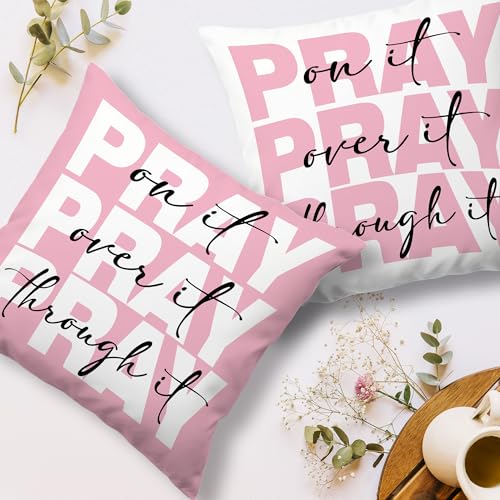 Pink and White Christian Pray Decorative Throw Pillow Covers Set of 2, Bible Verse Scripture Pillows Covers, Pray on Over Through It Pillow Cases Decor for Prayer Room Couch Bedroom 18x18in - color: Pink White