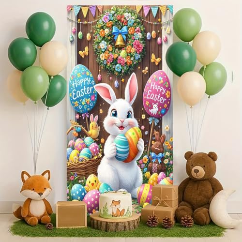 Happy Easter Bunny Door Banner, 30x75 Inch Large Outdoor Decoration with Colorful Easter Eggs, Bunting Flags and Spring Flowers, Vibrant Front Door Fence Easter Party Decor - color: multicolored#mf2602035