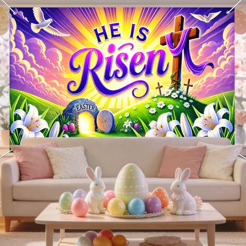 IVN He Is Risen Easter Banner 71x43 Inch Christian Cross Empty Tomb Lilies - color: He Is Risen Empty Tomb Cross Christian