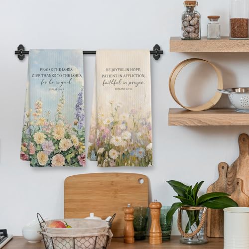 Christian Tea Towel Gifts, Wildflower Scripture Bible Verse Decor Dish Hand Towels for Bathroom Kitchen, Vintage Christian Floral Decorative Kitchen Towels and Dishcloths Sets of 2, 16x24Inch - color: Praise Hope