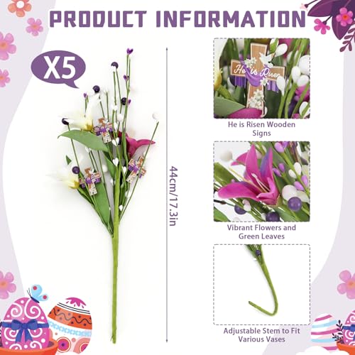 Easter Decorations Table Centerpiece, 5PCS 17.3 Inch Religious Christian He Is Risen Easter Artificial Flowers Berry Stem Picks Decor for Home Farmhouse Office Spring Wreath Vase Filler Arrangement