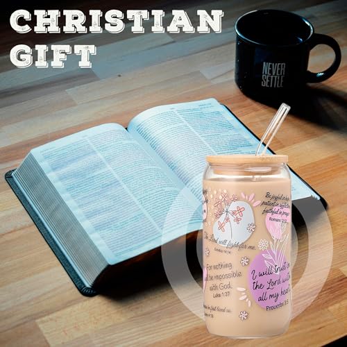 Christian Gifts for Women – 16oz Bible Verse Coffee Mug, Daily Bible Affirmations Glass Tumbler with Straw – Inspirational Religious Coffee Cup for Birthday, Mother’s Day, or Faith Lovers - color: Bible Verse-3