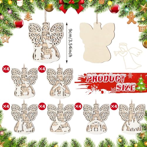 Shellwei 24 Pcs Christmas Wooden Nativity Ornaments Set Bulk Gift - style: Angel