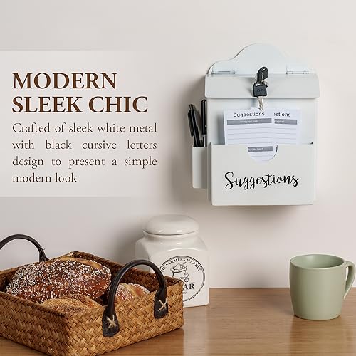 MyGift Suggestion Box with Cursive Suggestions Lettering, Wall Mounted or Tabletop Ballot Comment Box with Lock, Keys, Paper Sheet and Pen Holder Slots, White Metal - color: White