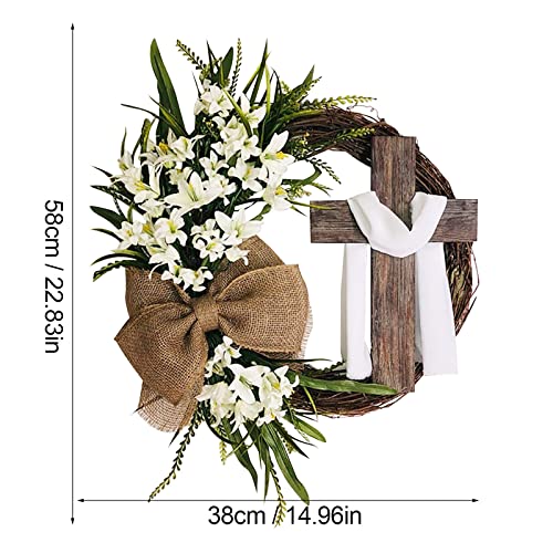 Easter Cross Wreath with Burlap Bow, Spring Wreath for Front Door, Easter Wreath Door Sign Hanging Decorations Wooden Jesus Hanger for Farmhouse Home Patio Porch Wall Christian Gift (White) - color: White