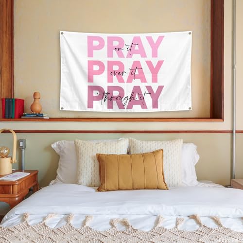 Pink Inspirational Decor Tapestry 3x5 Ft Pray on it Pray Over It Pray Through it Bible Verse Wall Art Christian Gifts for Women Dorm Room Wall Decoration