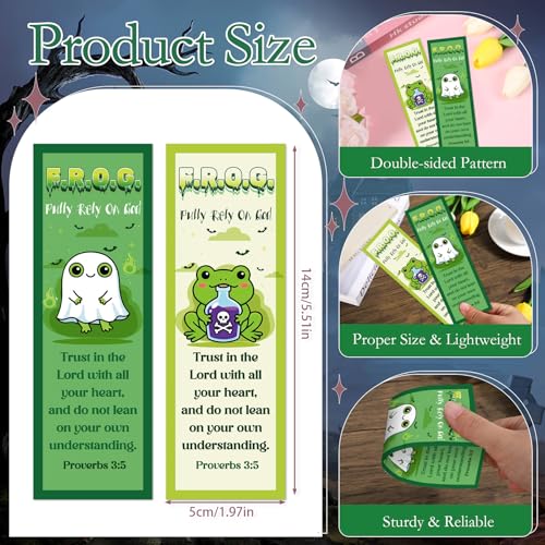 Fully Rely on God Frog Bookmarks - Cosmisun 200 Pcs Halloween Bookmark Paper Christian Bible Verse Book Marks Page Marker Church Gifts for Women Men Sunday School Book Lovers VBS Party Rewards - color: Halloween Frog