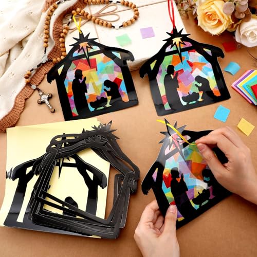 Eersida 32 Pcs Christmas Nativity Craft DIY Stained Glass Sun Catcher - style: Christmas B