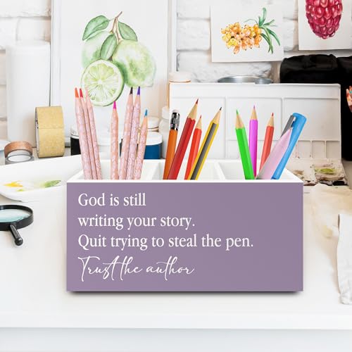 Purple Christian Pen Pencil Holder Organizer for Desk, Christian Gifts for Women, God Is Still Writing Your Story Bible Verse Wooden Box Sign for Home Office Desk Tabletop Decorations - color: colour 15