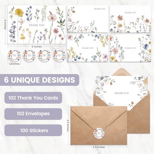 XXINMOH 102 PACK Floral Thank You Cards With Envelopes (4"x6") - Wildflower Blank Cards With Adhesive Envelopes & Matching Stickers for Wedding, Bridal Showers, Baby Showers, Birthday, All Occasion