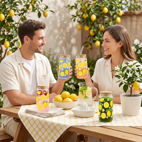 Glass Cups with Lids and Straws, 4Pack, 16oz, Summer - color: Lemon