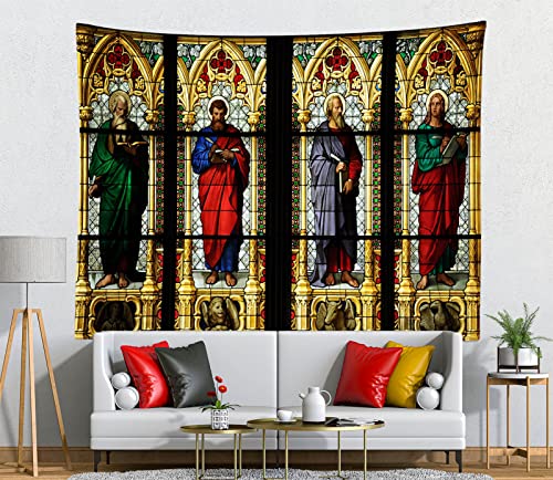 Loccor Cathedral Stained Glass Window Tapestry Vintage Church Interior Four Evangelists Painting Jesus Christ Religious Tapestry Wall Hanging Bedroom Living Room Dorm Home Decor 90x70 Inches - size: 92.5"L x 70.9"W