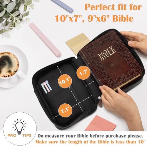Large Bible Cover Case for Women and Men, 10x7 PU Leather Bible Sleeve, Compact Travel Bible Carrier Bag with Front Pen Holders, Zipper Closure, Inner Pockets - Black - color: Black, size: 10.12''x7''x1.8''