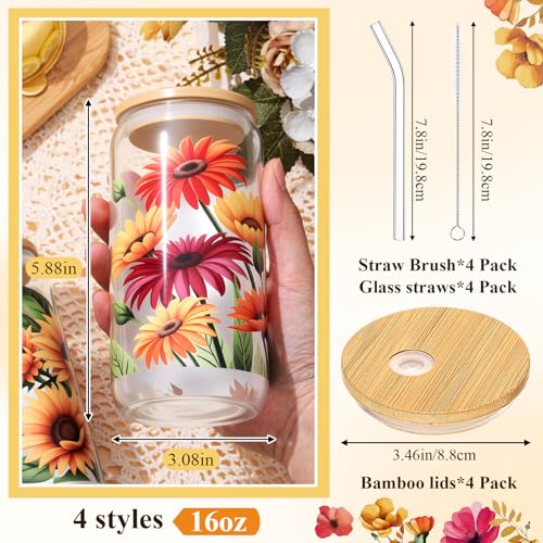 Mumufy 4 Pack Oil Flower Glass Cup, 16 oz Tumbler Mug with Bamboo Lid - style: Oil Flower