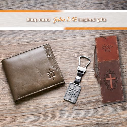 Christian Art Gifts Inspirational Scripture Split Metal Keychain for Men & Women: John 3:16 with Black Faux Leather Loop Silver Metal Cross Bible Verse Keychain in Gift Tin for Car Keys, House Keys