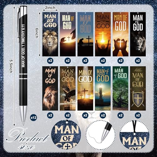Supervitae 12 Sets Man of God Gifts for Men Included 12 Christian Ballpoint Pens 24 Bible Verse Bookmark Church Gifts Bulk for Men Dad Religious Party Favors Christian Gift