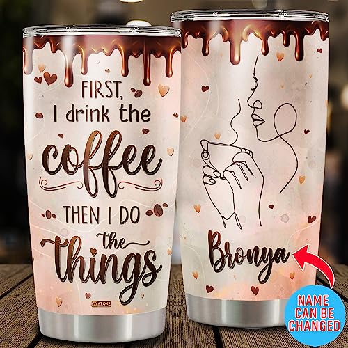 WAZONE Personalized Coffee Lovers Tumbler With Lid Monoline Art 20oz 30oz Thermos Gifts Birthday Christmas for Women Men Dad Mom Friends Custom Name Travel Mug Stainless Steel Insulated Cup - color: Coffee