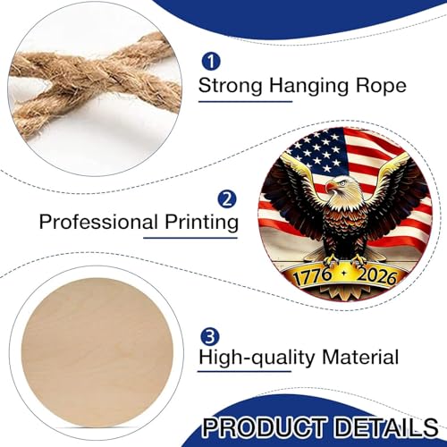 250th Anniversary USA Front Door Sign 4th of July Door Sign 3D America Eagle 1776-2026 Wreath Patriotic Independence Hanger Wooden Wall Decor 250 Years of Freedom Hanging Signs for Home Porch Outdoor Decor - color: ID3