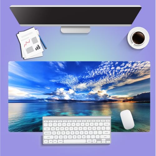 Tropical Ocean Seascape Large Mouse Pad, Blue Sky White Clouds Desk Mat - color: Blue Green