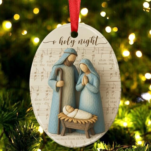 Nativity Christmas Ornaments 2026, O Holy Night Religious Ornament, Baby Jesus Manger Scene Ceramic Decoration, Christian Gifts for Women Family Friends, Christmas Tree Decor - color: Oh Holy Night
