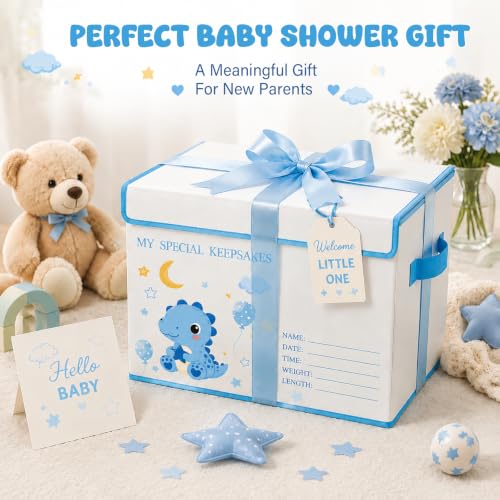 Baby Memory Keepsake Box 16x12x12 Inch Elephant Dinosaur Pattern - color: blue