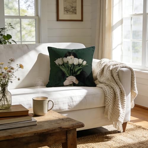 Emerald Green Woman with Tulips Decorative Throw Pillow Cover 18x18, Japanese Home Room Decor, Oriental Japandi Pillow Covers for Home Living Room Bedroom Bed Couch - color: 09color