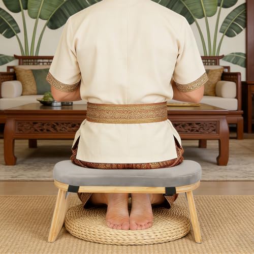 Meditation Bench, Foldable Kneeling Meditation Bench, Bamboo Stool, Gray