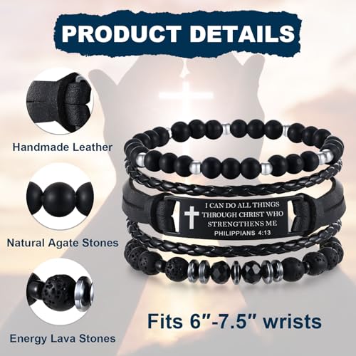 Mens Cross Bead Braided Genuine Leather Bracelet, Black Gemstone Agate Onyx Beaded Rosary Obsidian Bangle, Faith Religious Easter Catholic Christian Communion Baptism Christmas Jewelry Gift for Men - color: Set-Philippians 4:13
