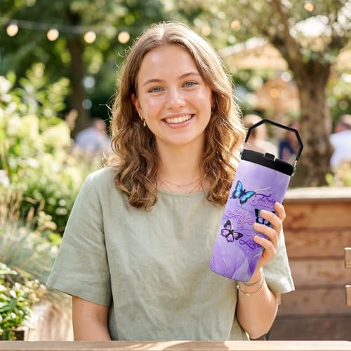Hiboss Christian Gifts for Women Faith, Butterfly Tumbler with Handle and Flip Straw 28oz, Insulated Stainless Steel Travel Cup Mug, Inspirational Religious Birthday Gift for Her - color: Butterfly - 01